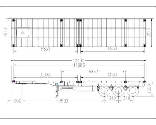 3 축 60-80톤 20-45FT 평면 컨테이너 반 트레일러 최대 용량 50000kg